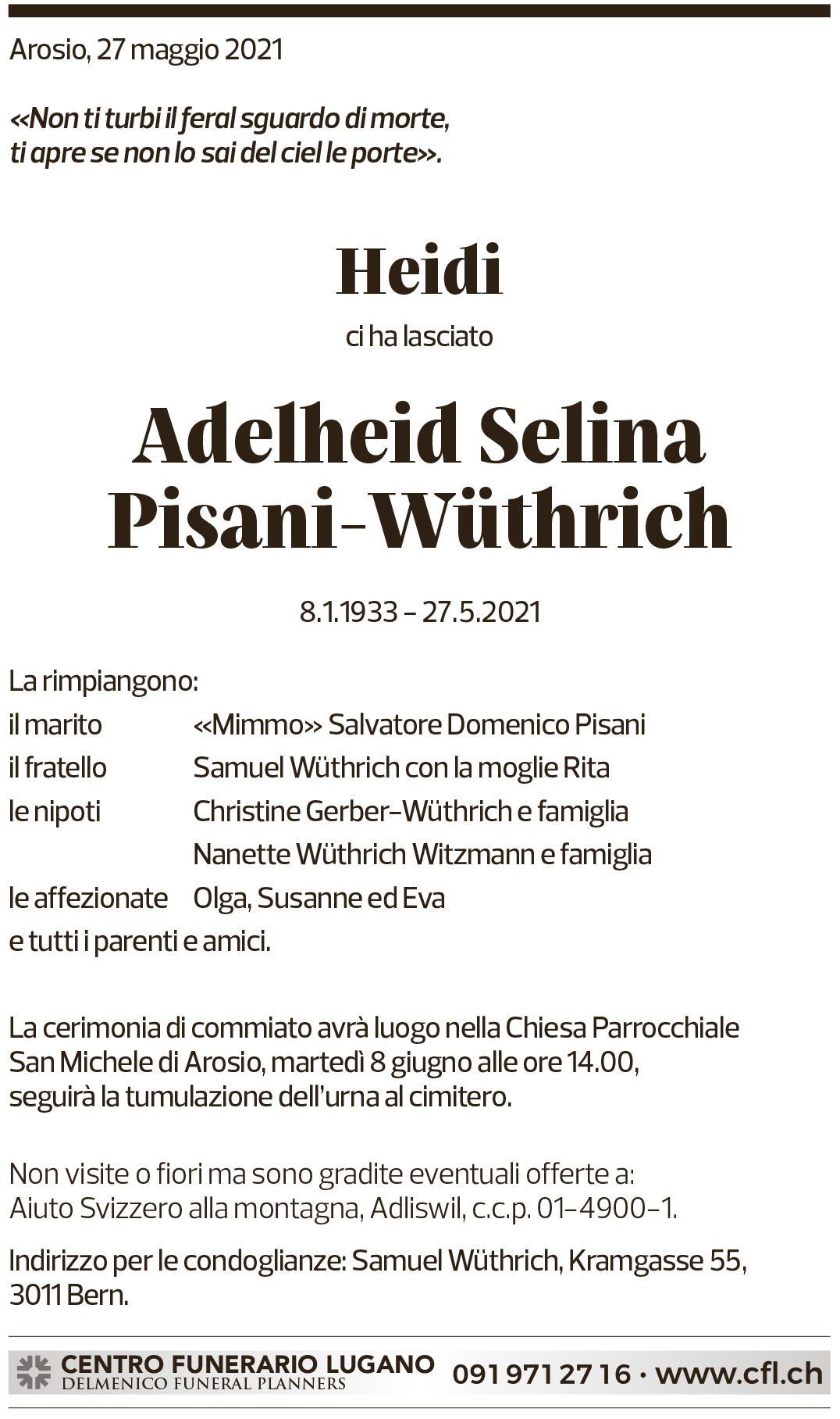 Annuncio funebre Heidi Adelheid Selina Pisani-wüthrich