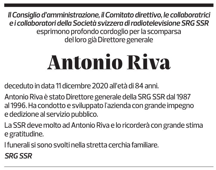 Annuncio funebre Antonio Riva