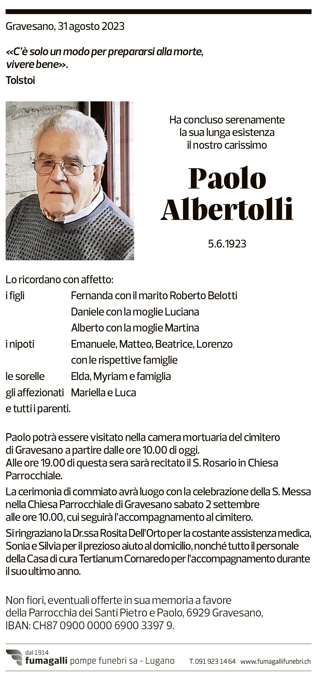 Annuncio funebre Paolo Albertolli