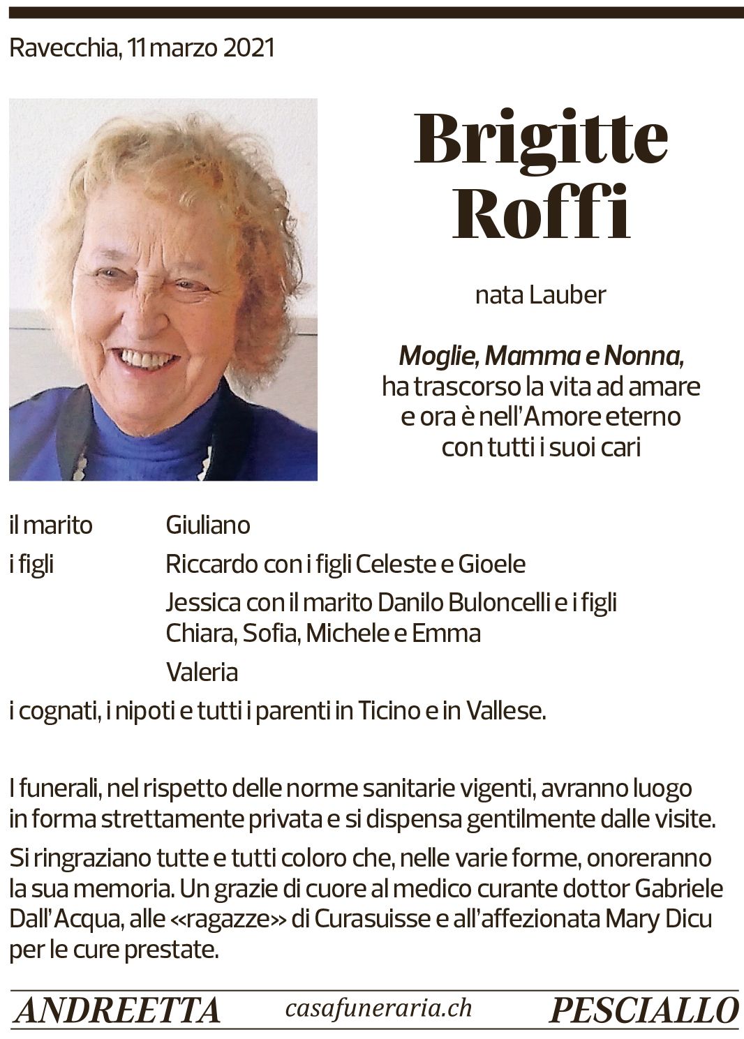 Annuncio funebre Brigitte Roffi