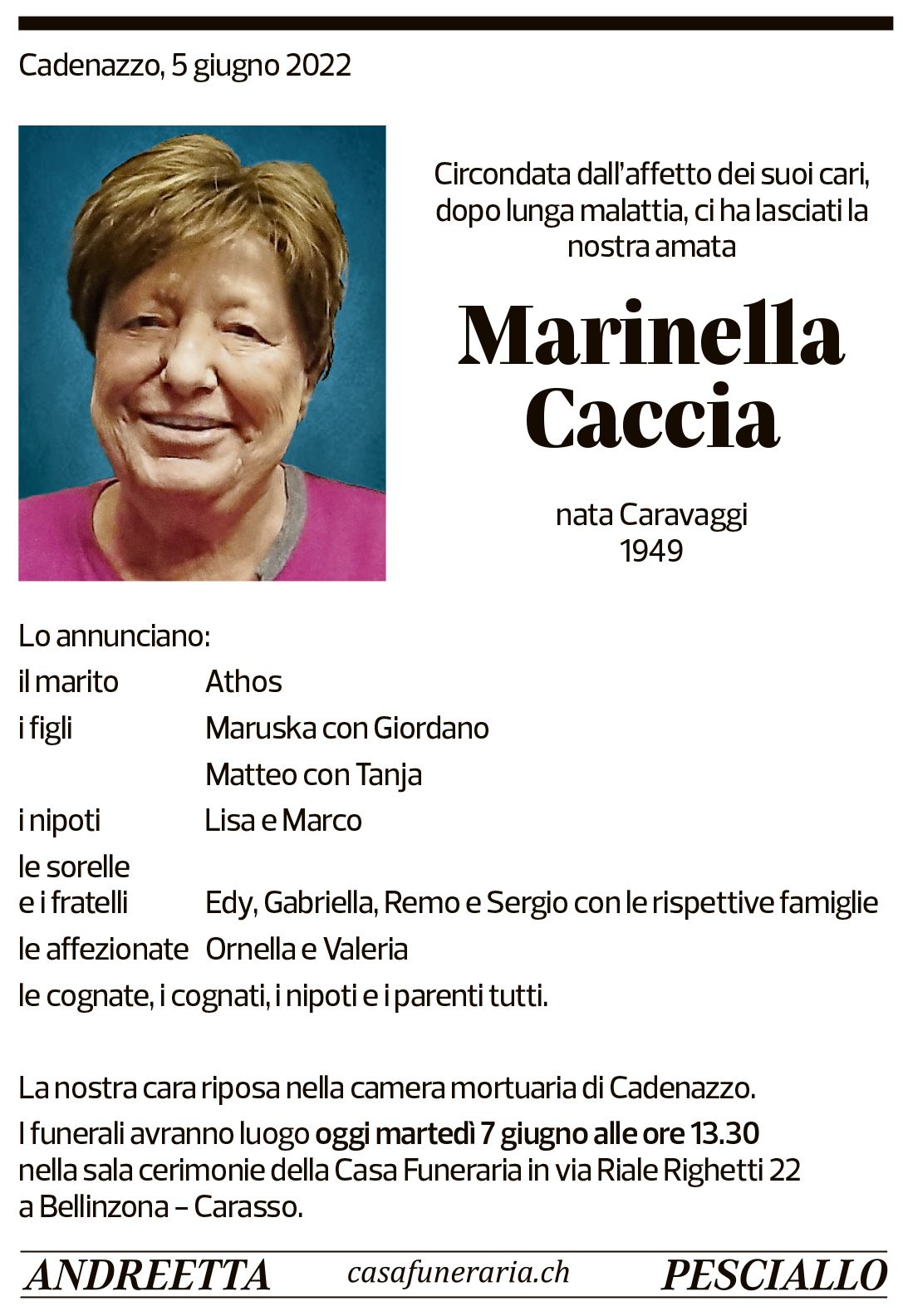 Annuncio funebre Marinella Caccia