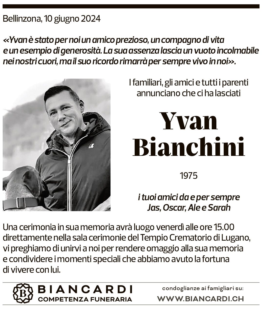 Annuncio funebre Yvan Bianchini