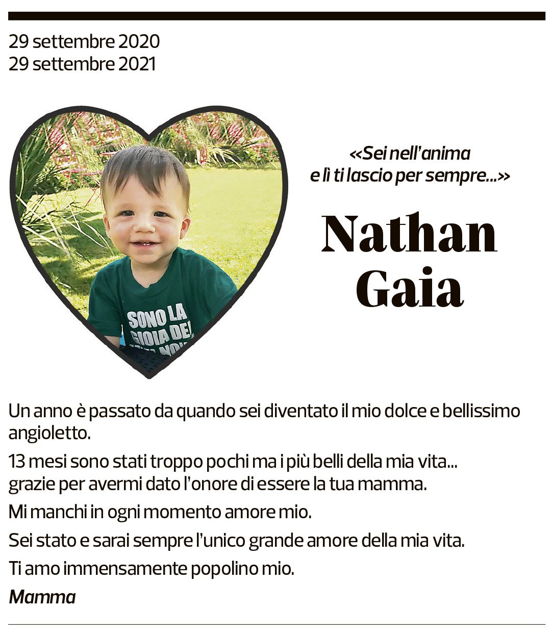 Annuncio funebre Nathan Gaia