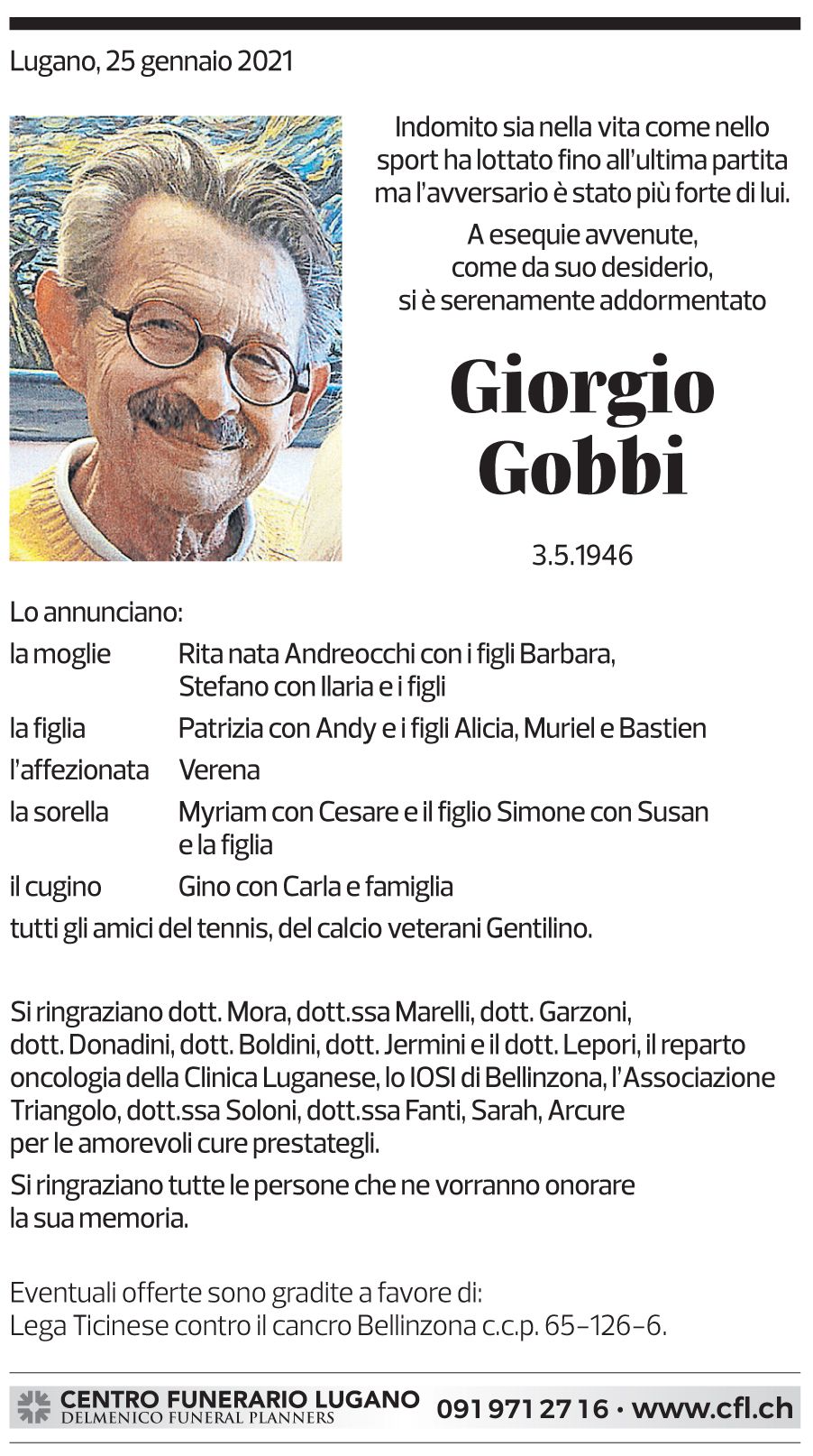 Annuncio funebre Giorgio Gobbi