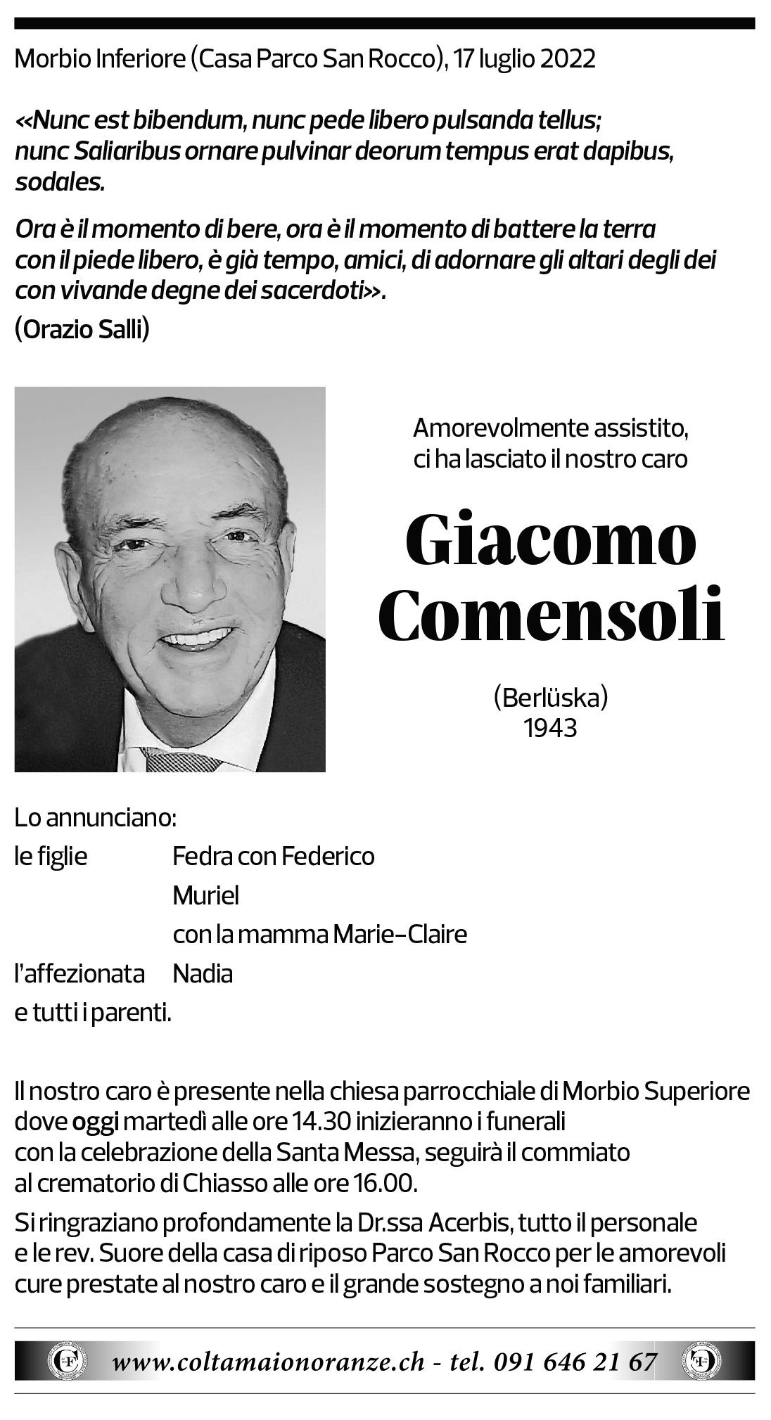 Annuncio funebre Giacomo Comensoli