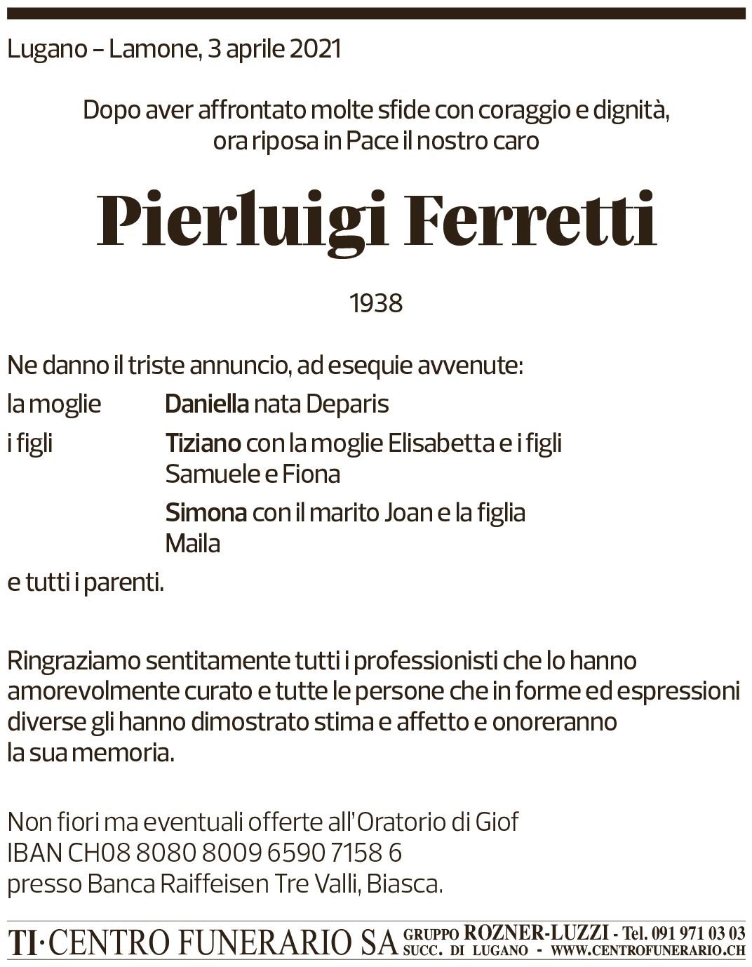 Annuncio funebre Pierluigi Ferretti