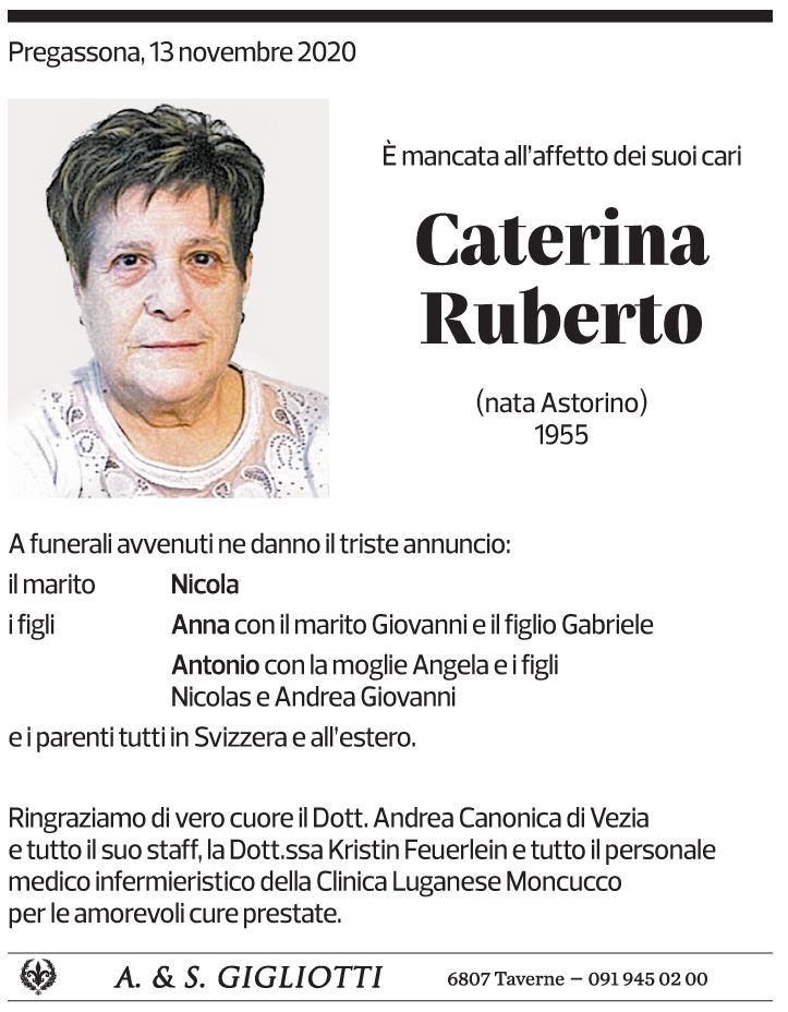 Annuncio funebre Caterina Ruberto