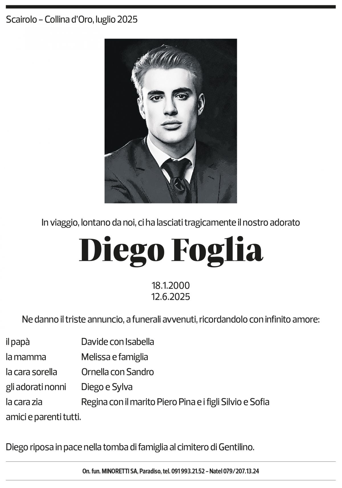 Annuncio funebre Diego Foglia