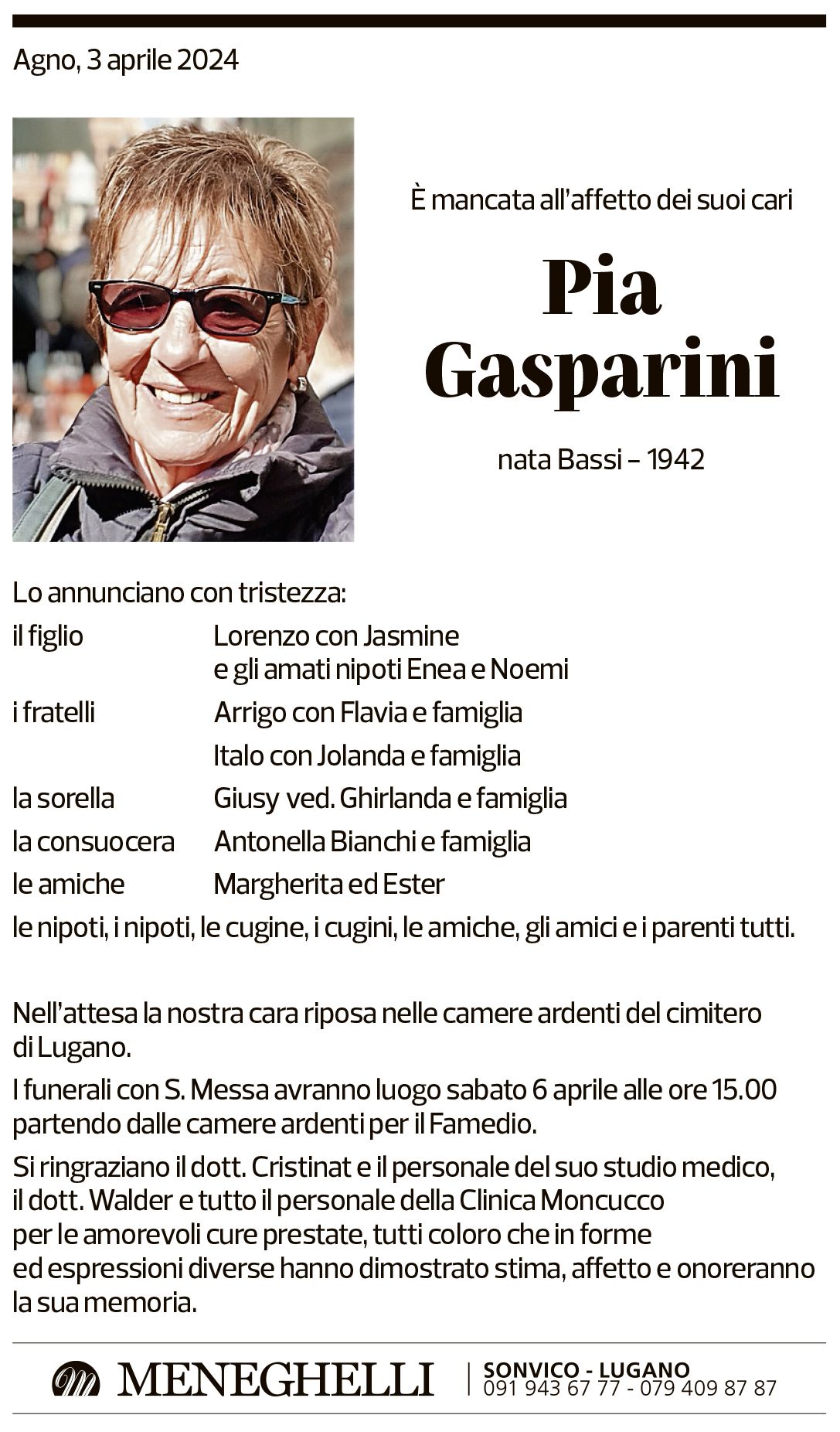 Annuncio funebre Pia Gasparini