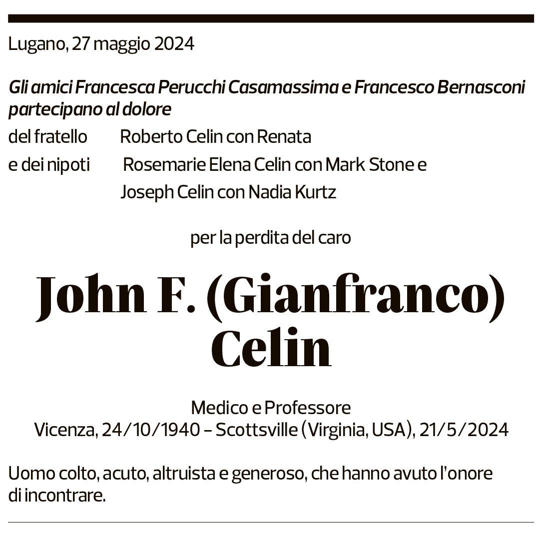 Annuncio funebre John F. Gianfranco Celin