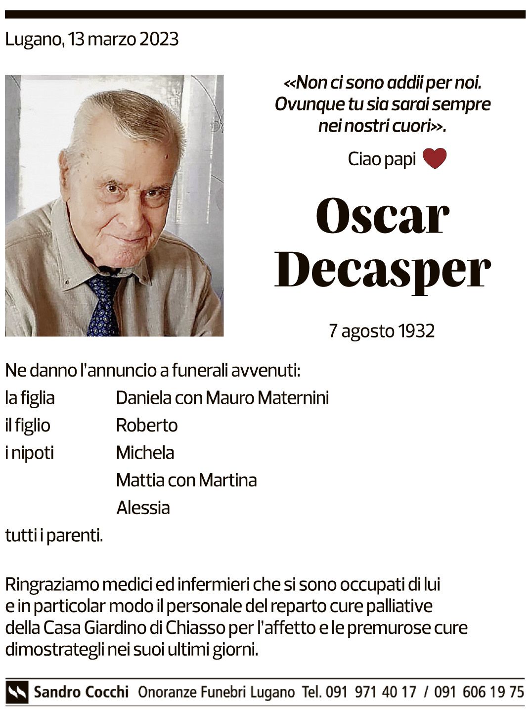 Annuncio funebre Oscar Decasper