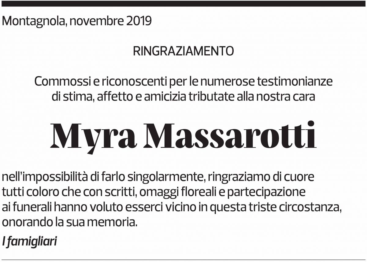 Annuncio funebre Myra Massarotti