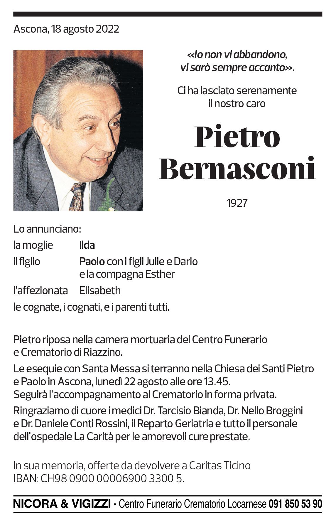 Annuncio funebre Pietro Bernasconi