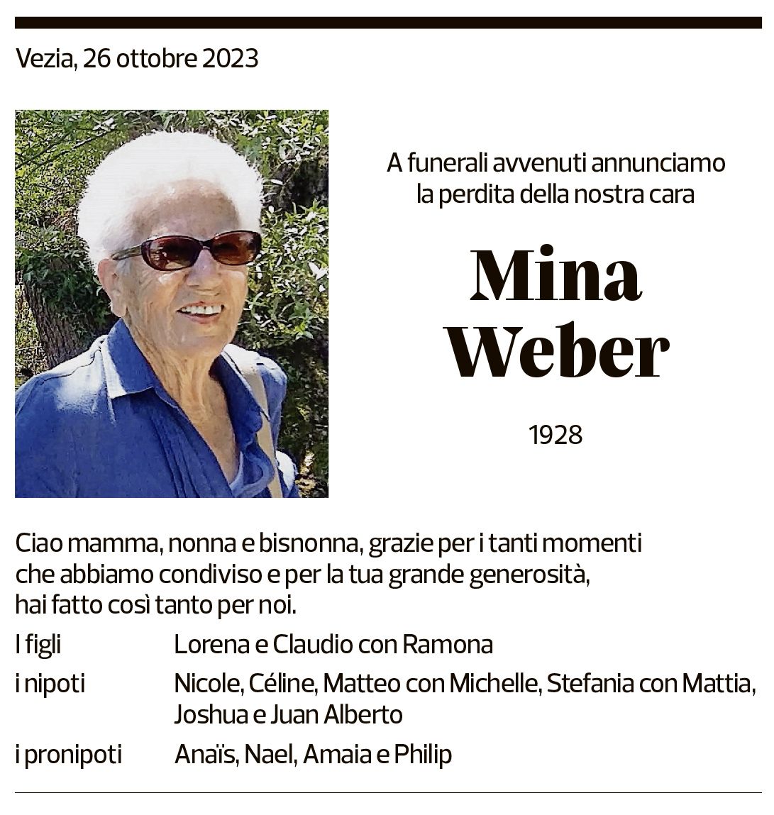 Annuncio funebre Mina Weber