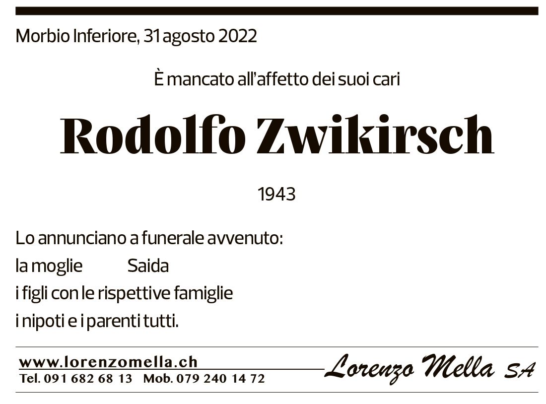 Annuncio funebre Rodolfo Zwikirsch