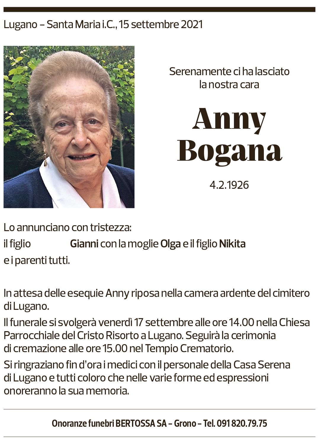 Annuncio funebre Anny Bogana