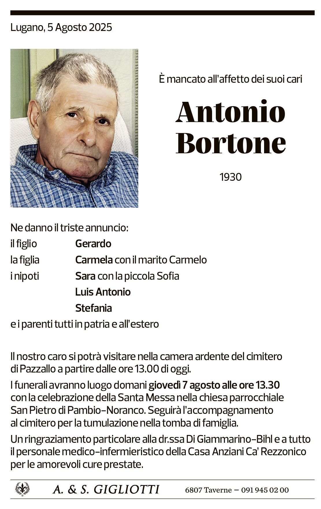 Annuncio funebre Antonio Bortone