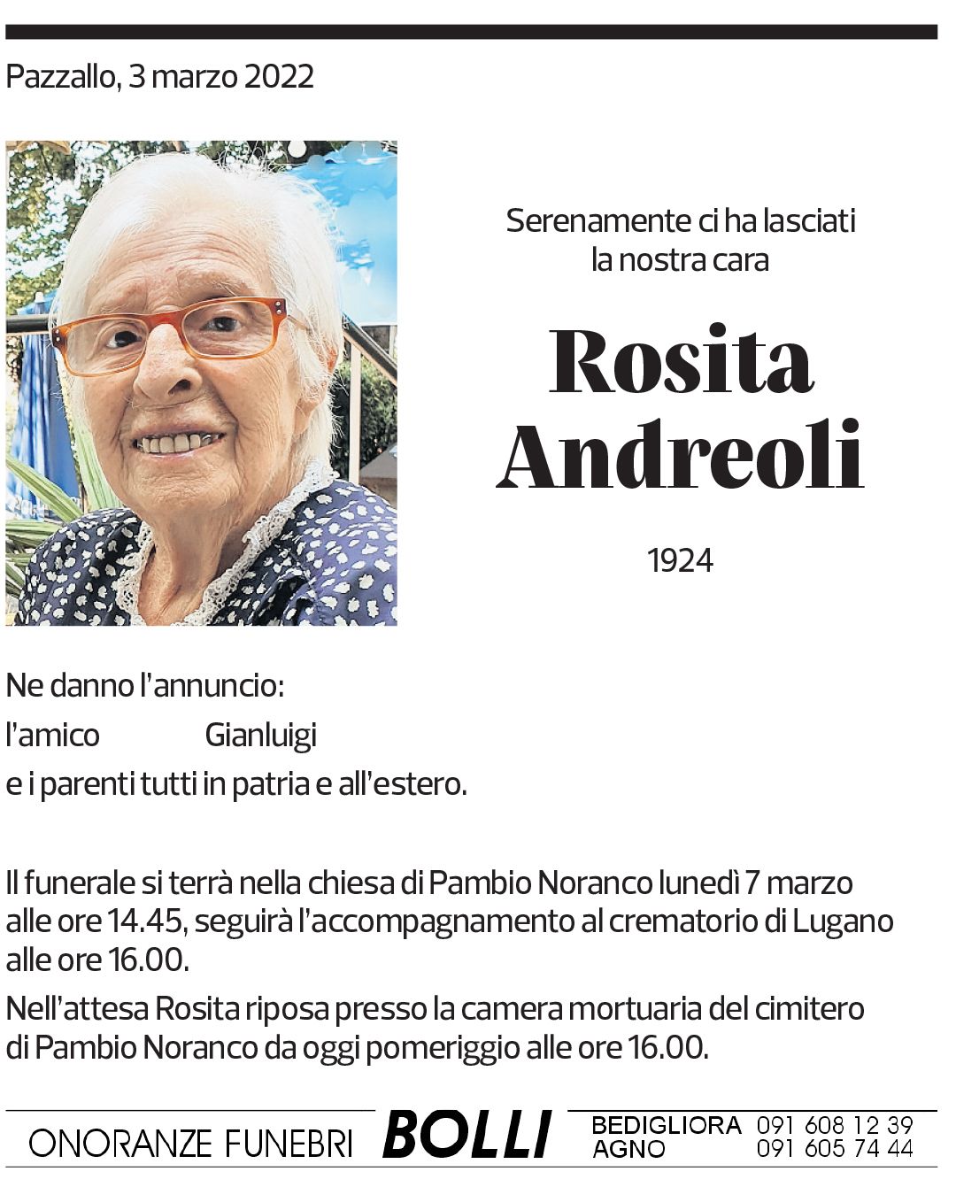 Annuncio funebre Rosita Andreoli