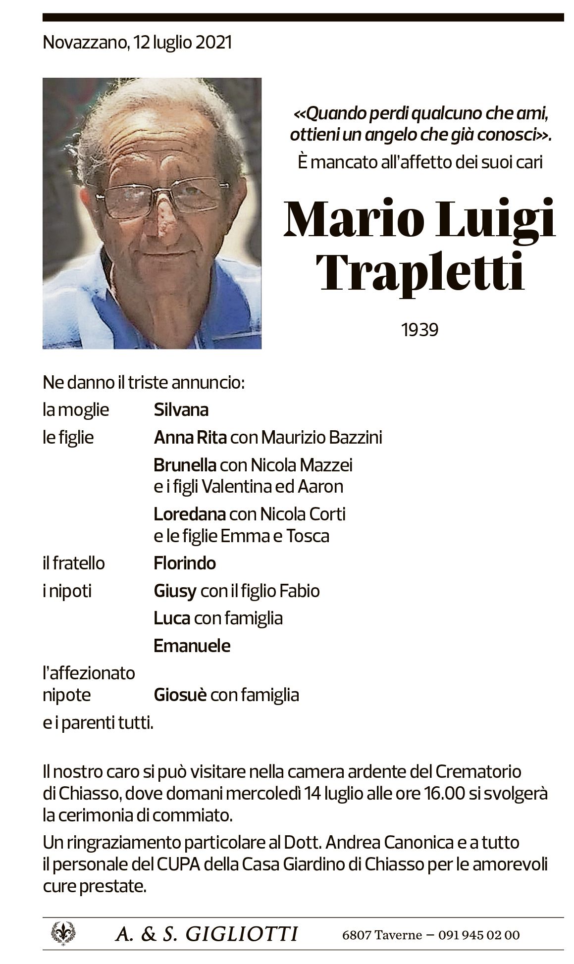 Annuncio funebre Mario Luigi Trapletti