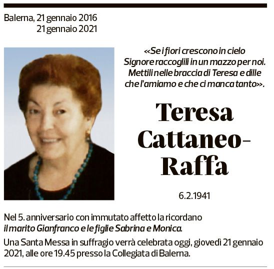 Annuncio funebre Teresa Cattaneo Raffa