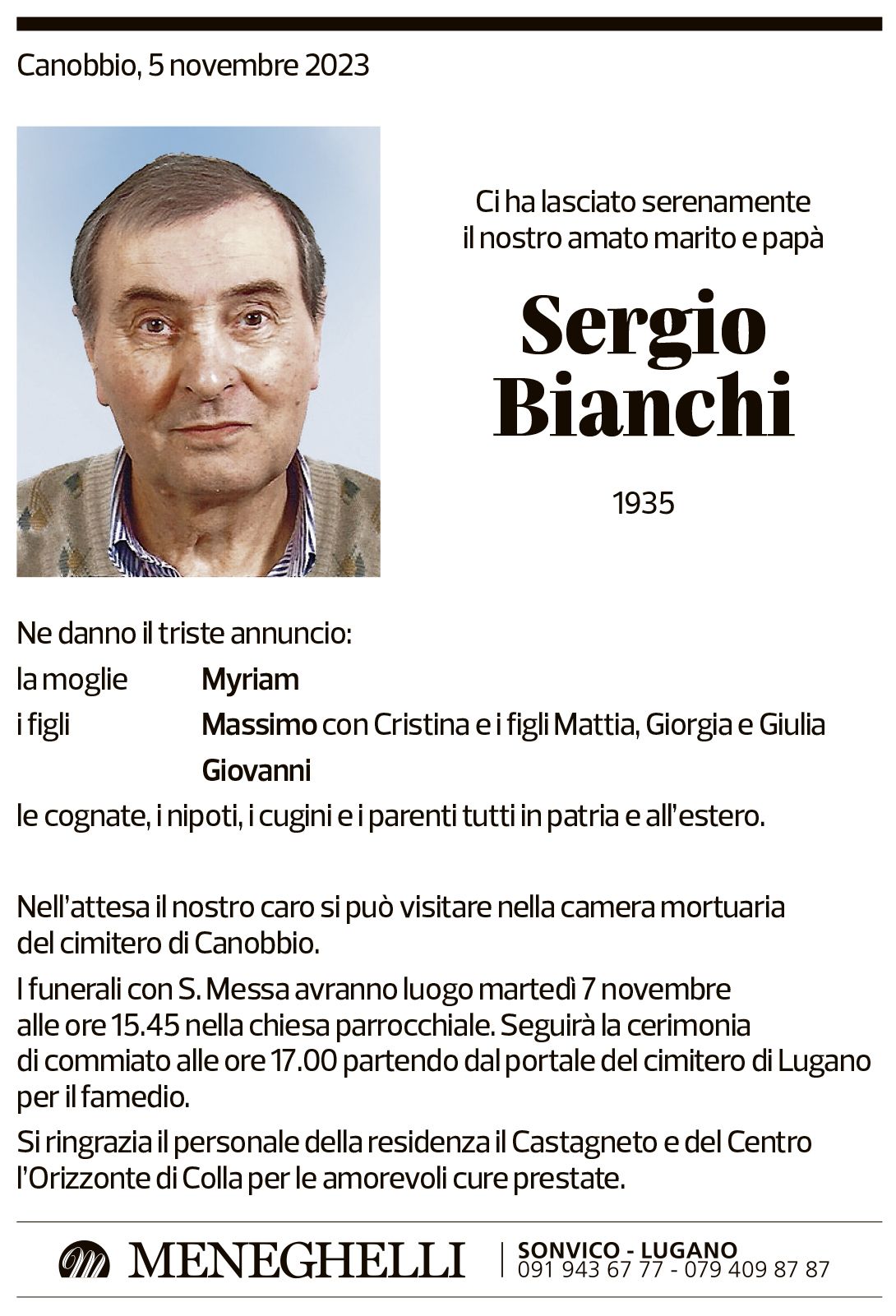 Annuncio funebre Sergio Bianchi