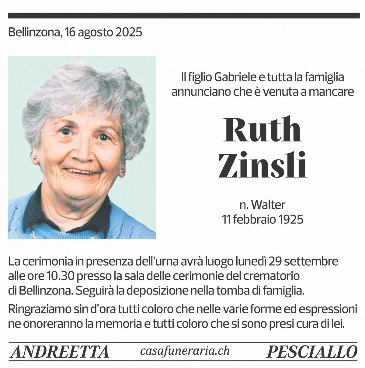 Annuncio funebre Ruth Zinsli