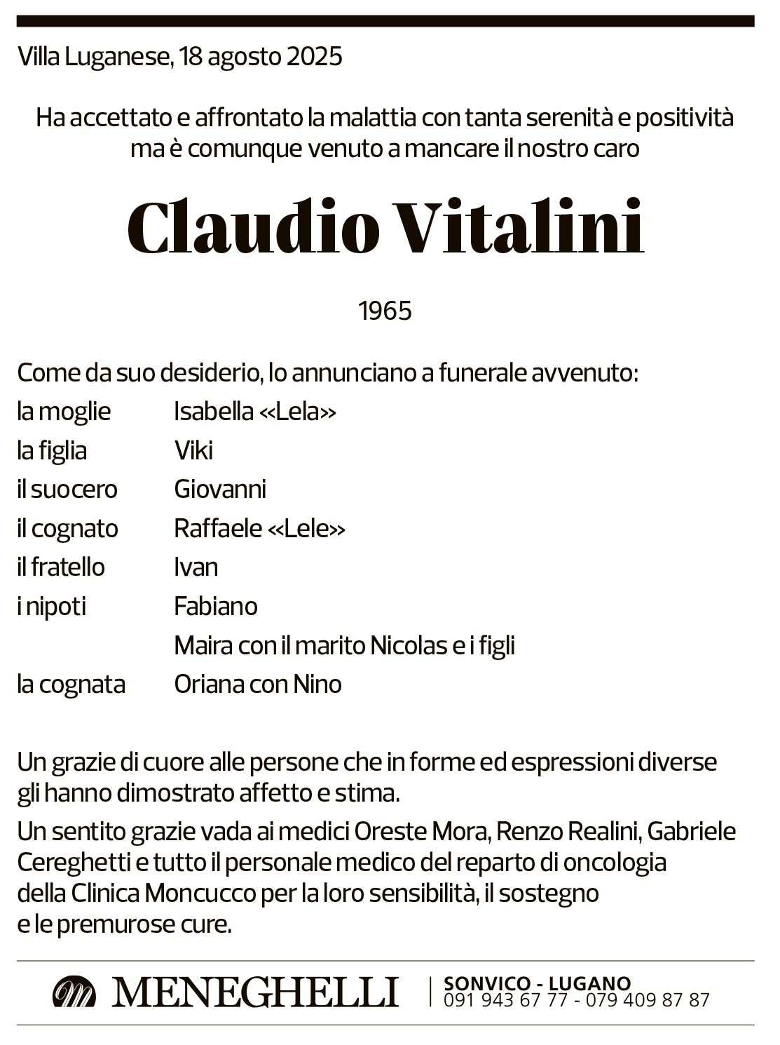 Annuncio funebre Claudio Vitalini