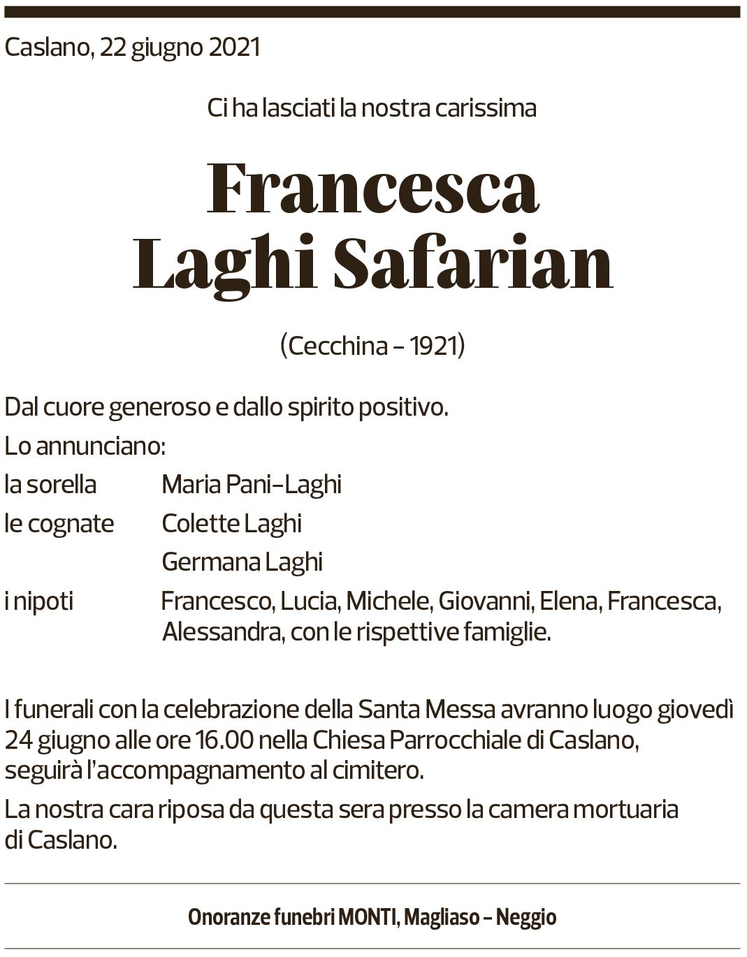 Annuncio funebre Francesca Laghi Safarian