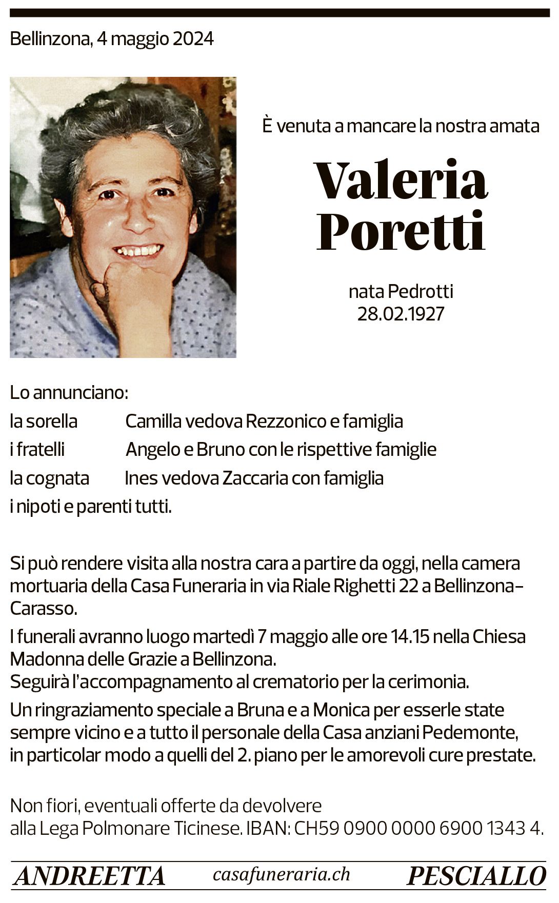 Annuncio funebre Valeria Poretti