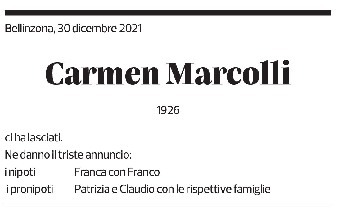 Annuncio funebre Carmen Marcolli