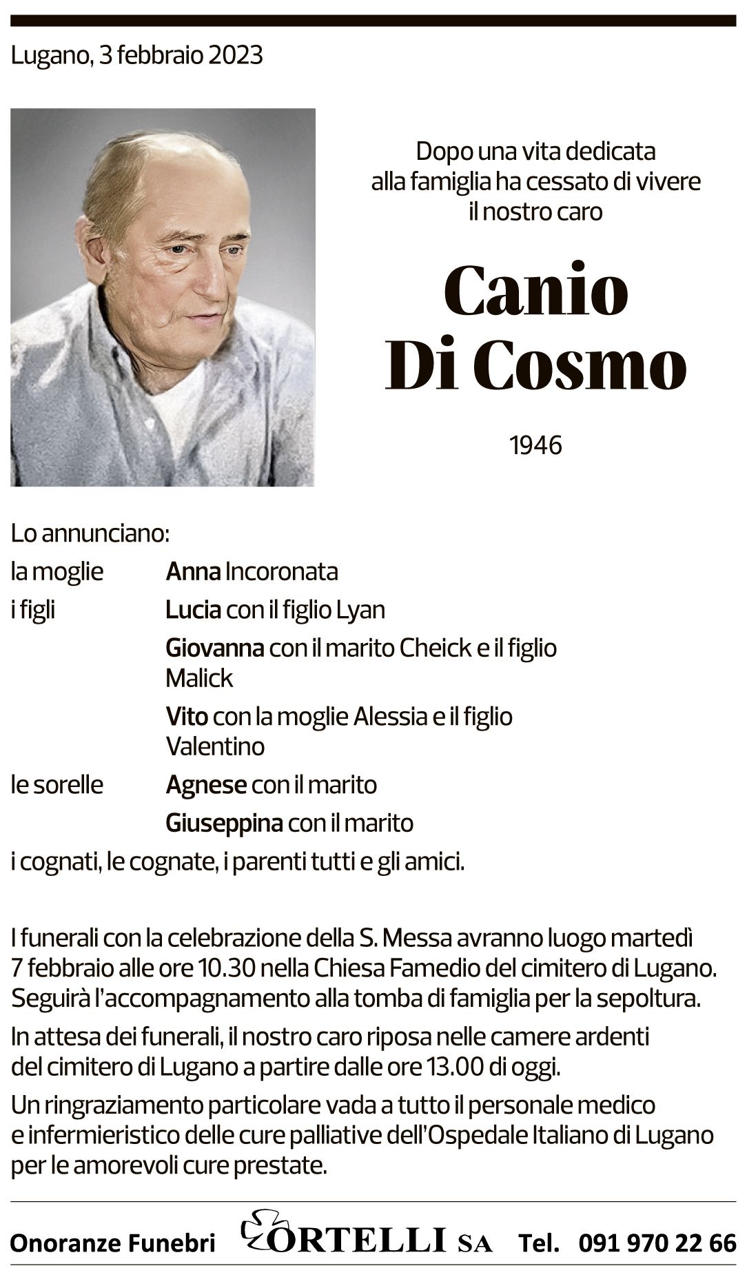 Annuncio funebre Canio Di Cosmo