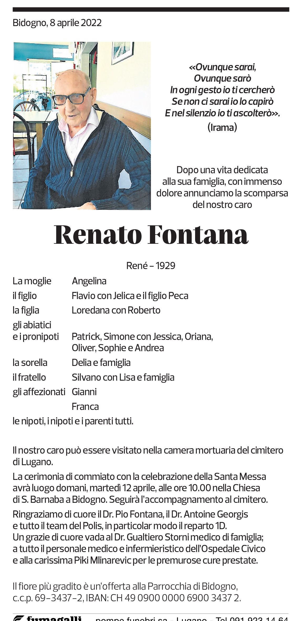 Annuncio funebre Renato Fontana