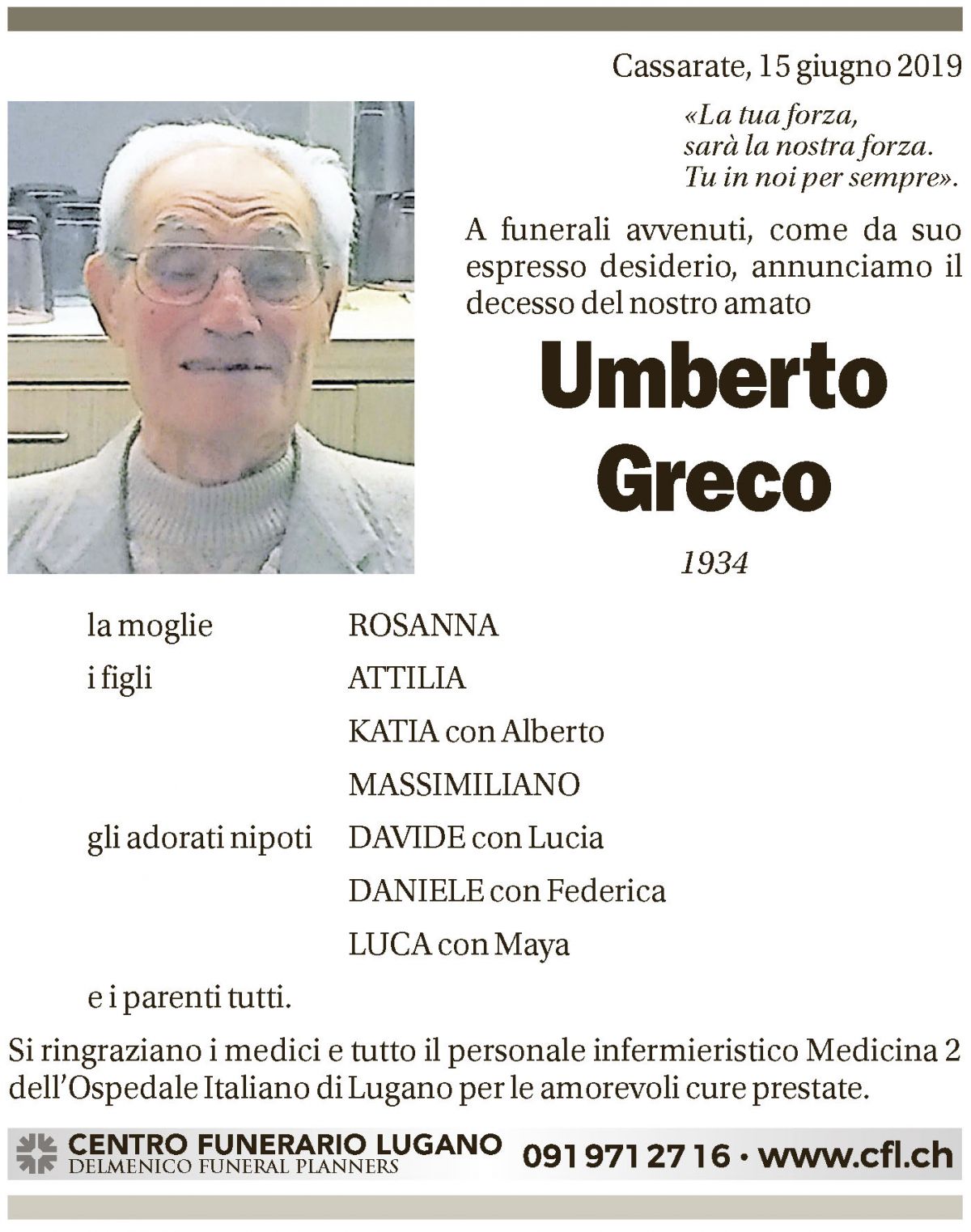 Annuncio funebre Umberto Greco