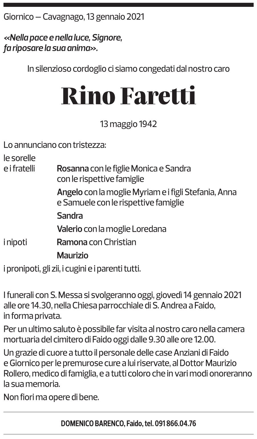 Annuncio funebre Rino Faretti