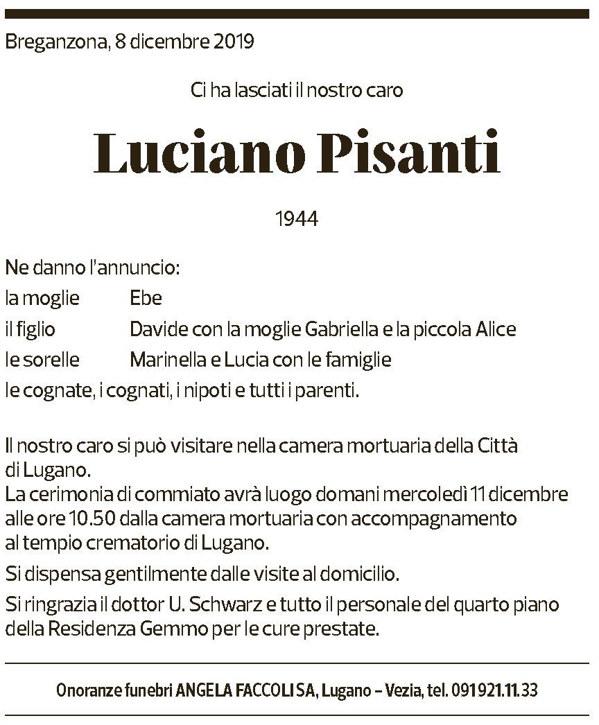 Annuncio funebre Luciano Pisanti
