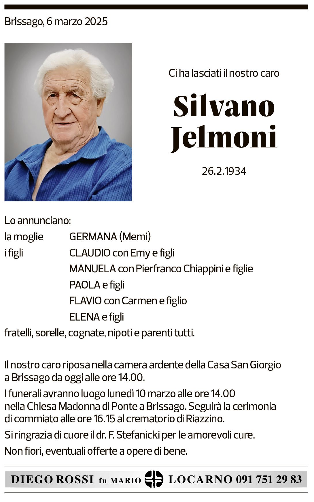 Annuncio funebre Silvano Jelmoni