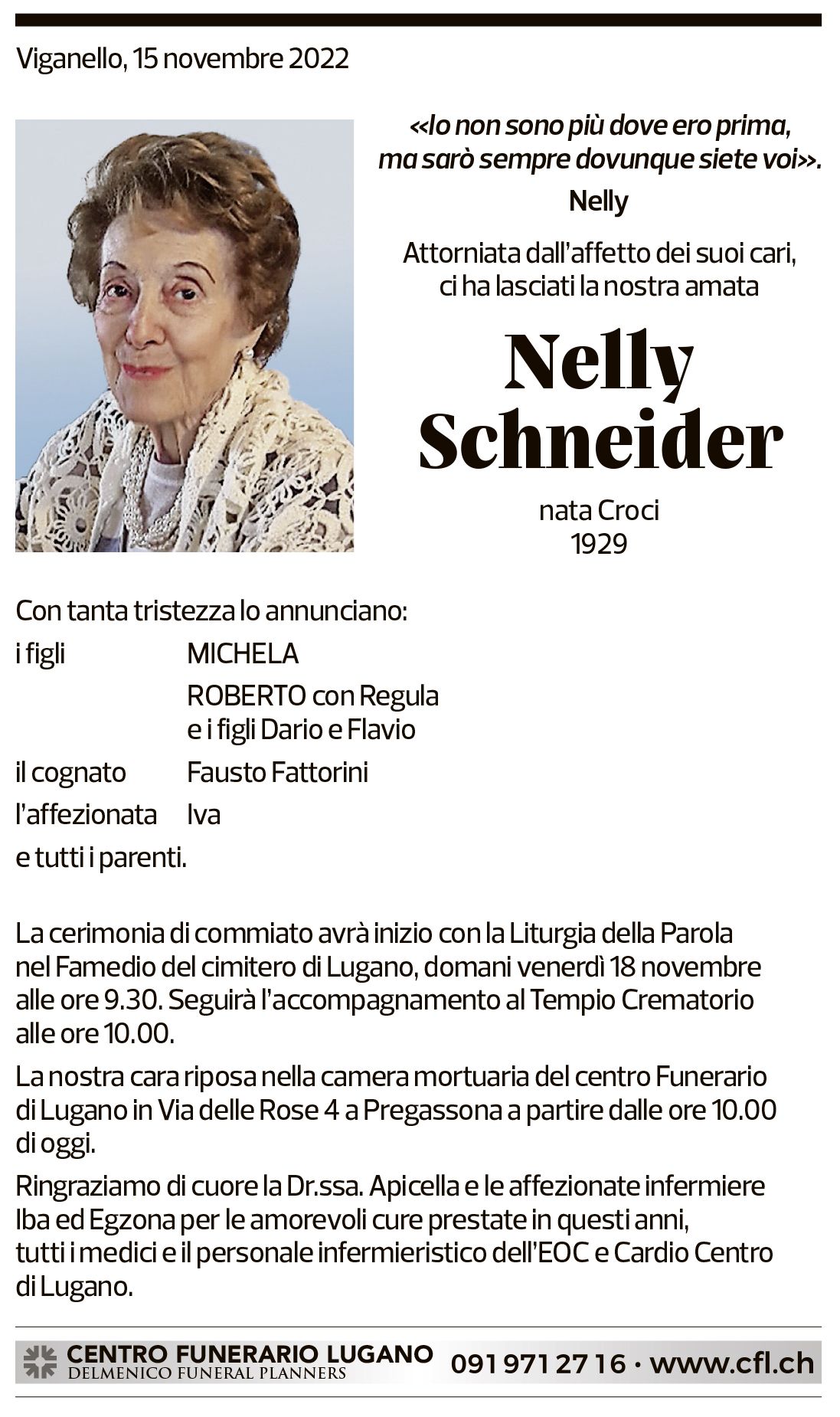 Annuncio funebre Nelly Schneider