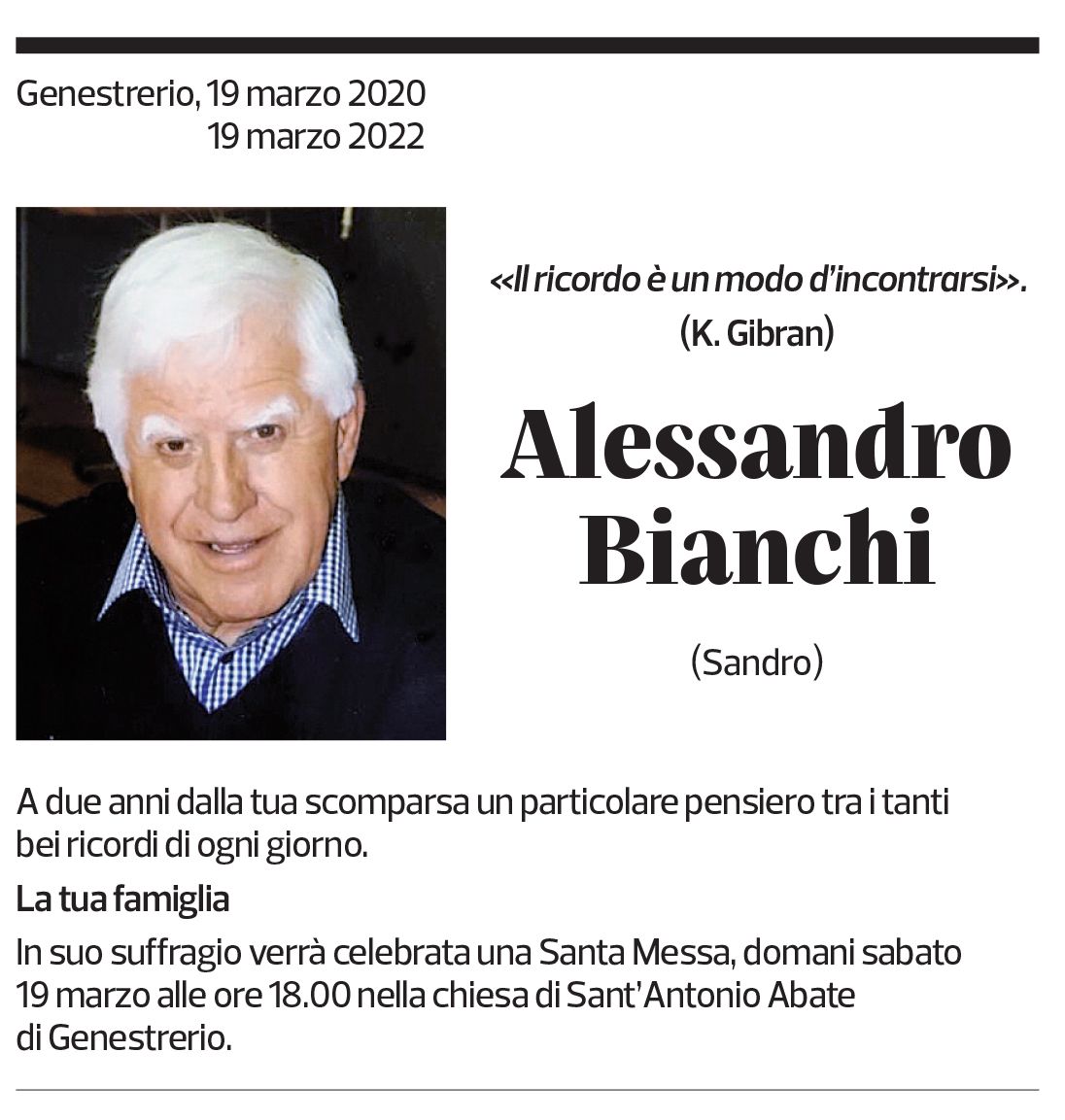 Annuncio funebre Alessandro Bianchi