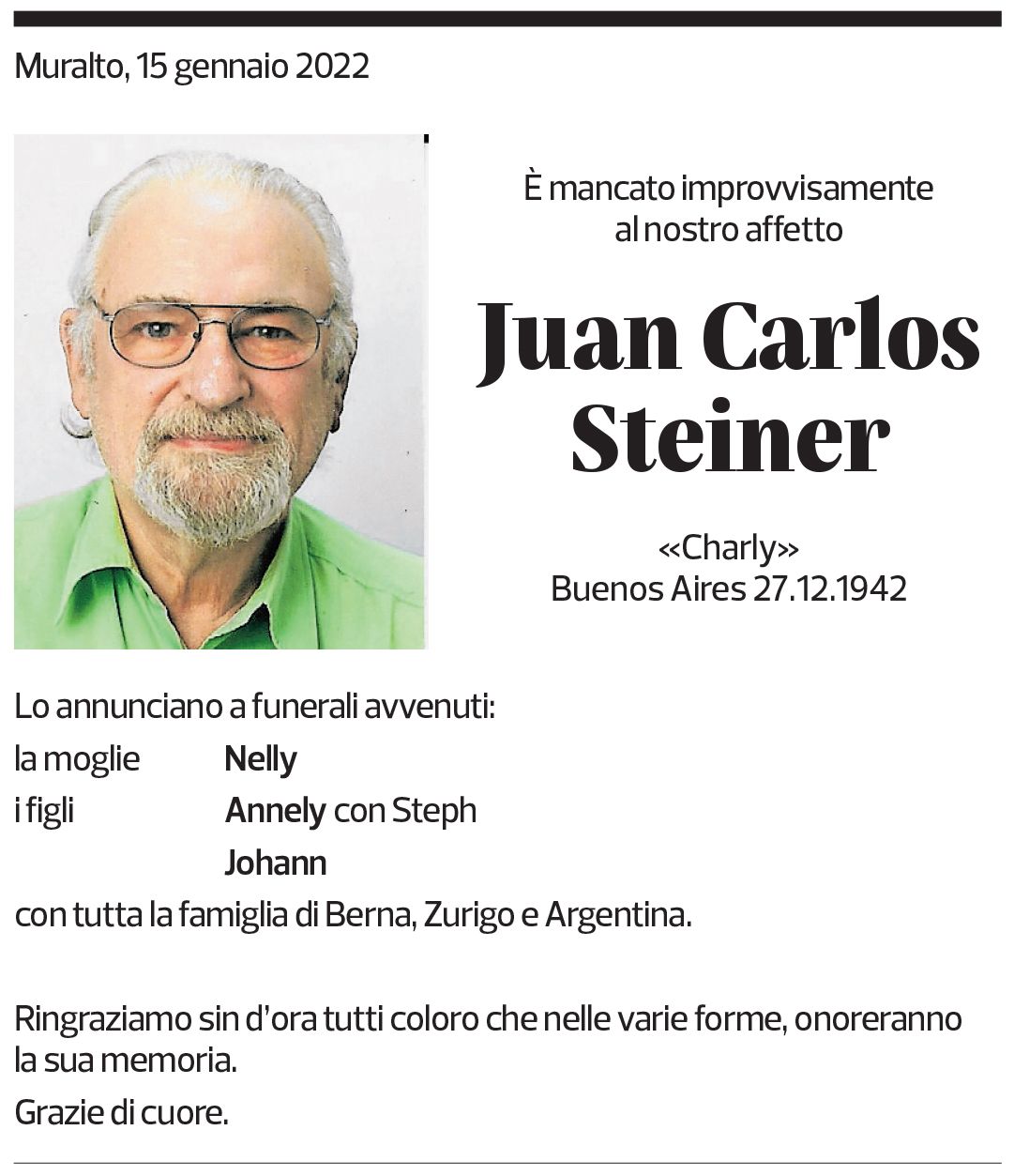 Annuncio funebre Juan Carlos Steiner