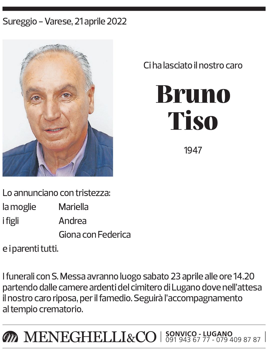 Annuncio funebre Bruno Tiso