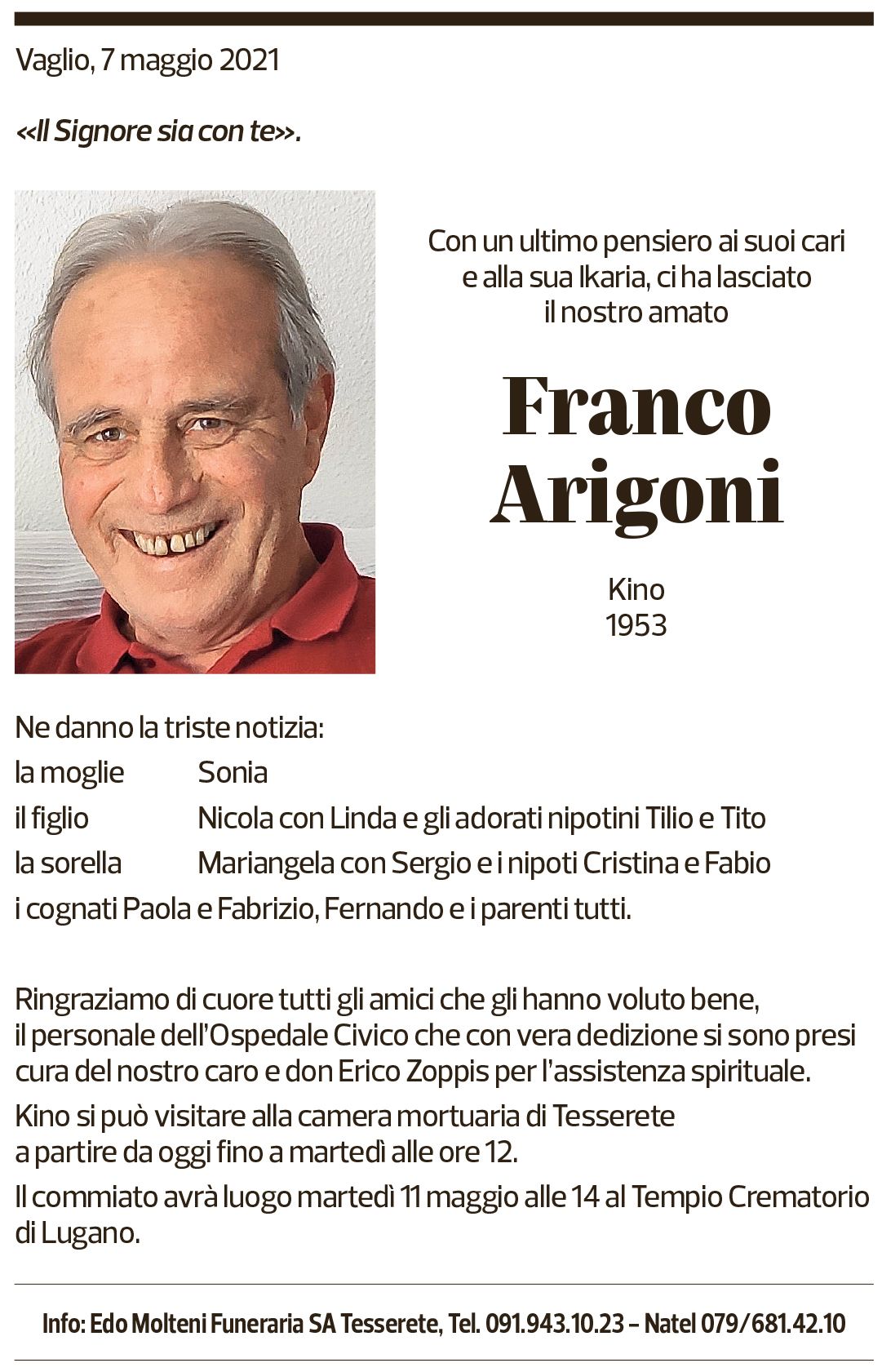 Annuncio funebre Franco Arigoni