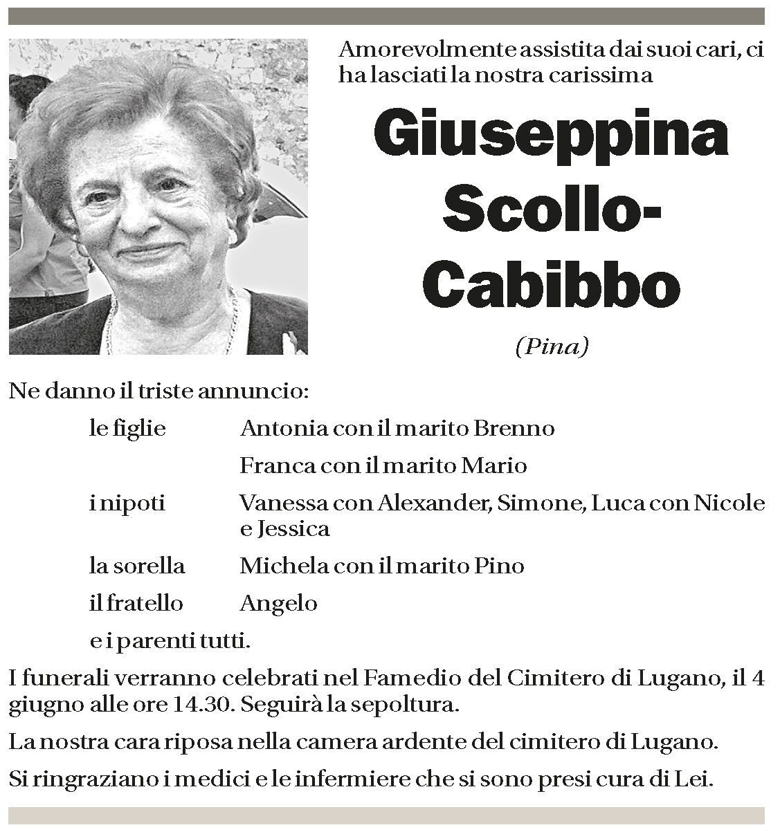 Annuncio funebre Giuseppina Scollo-cabibbo