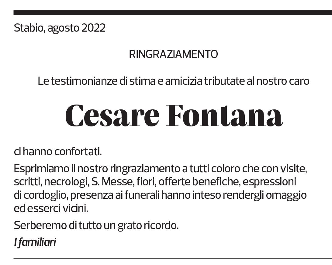 Annuncio funebre Cesare Fontana