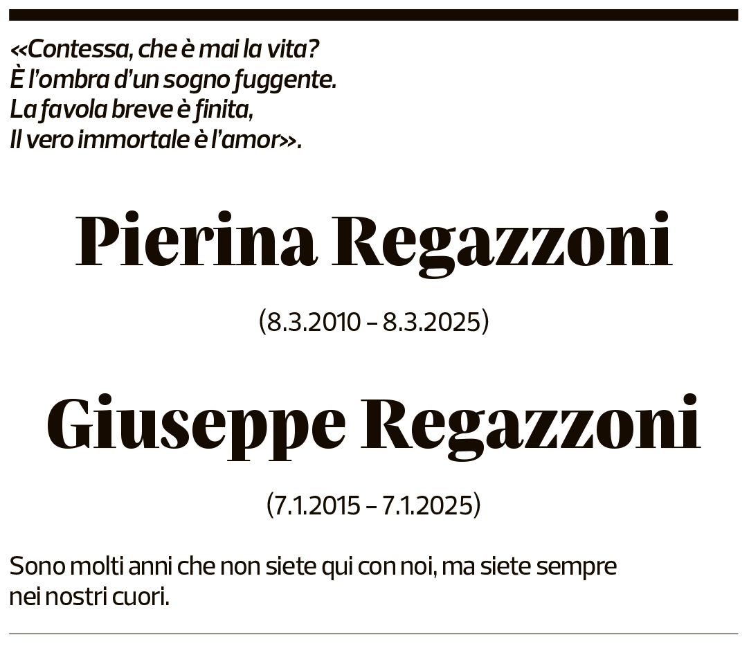Annuncio funebre Pierina E Giuseppe Regazzoni