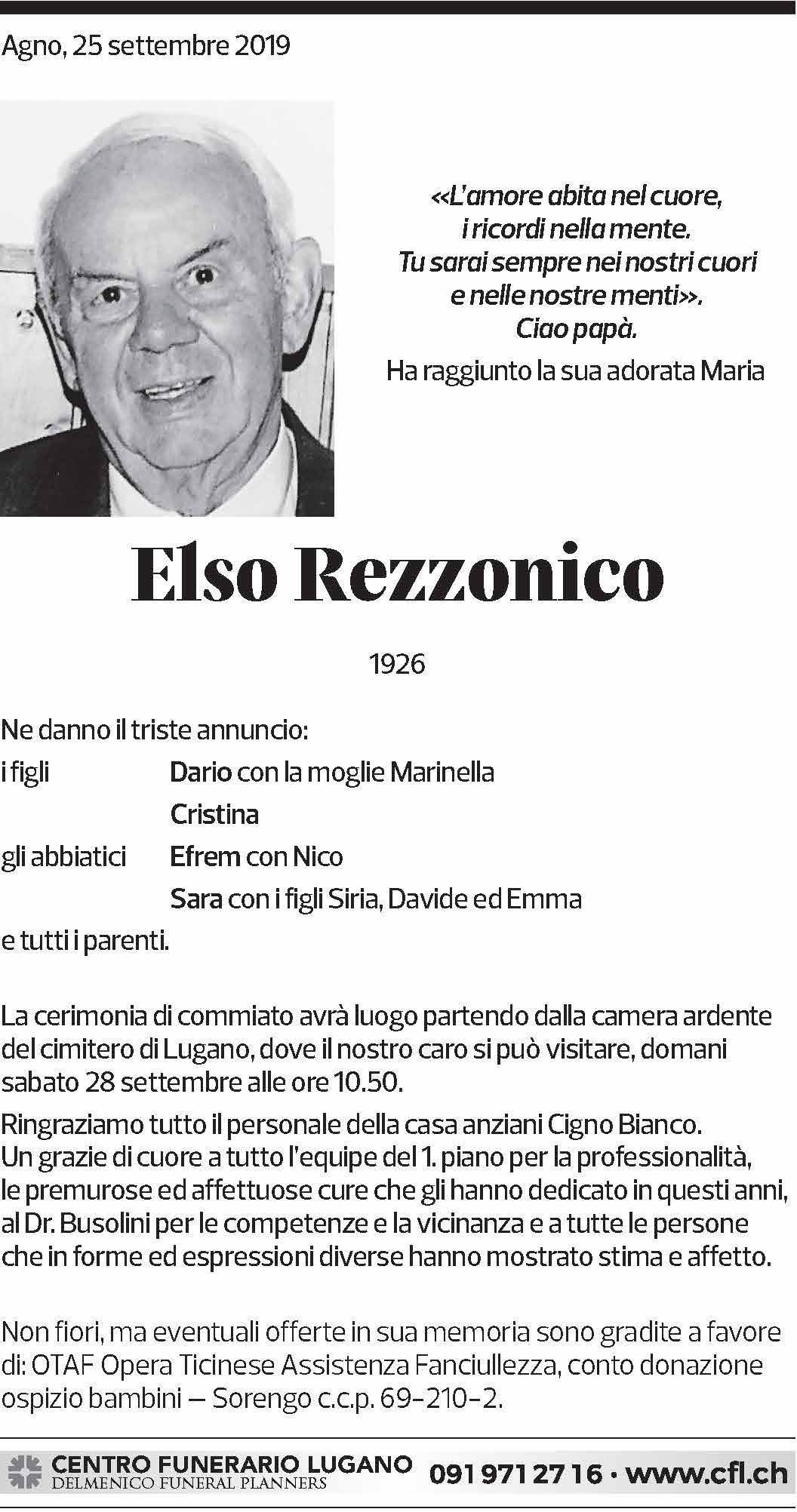 Annuncio funebre Elso Rezzonico