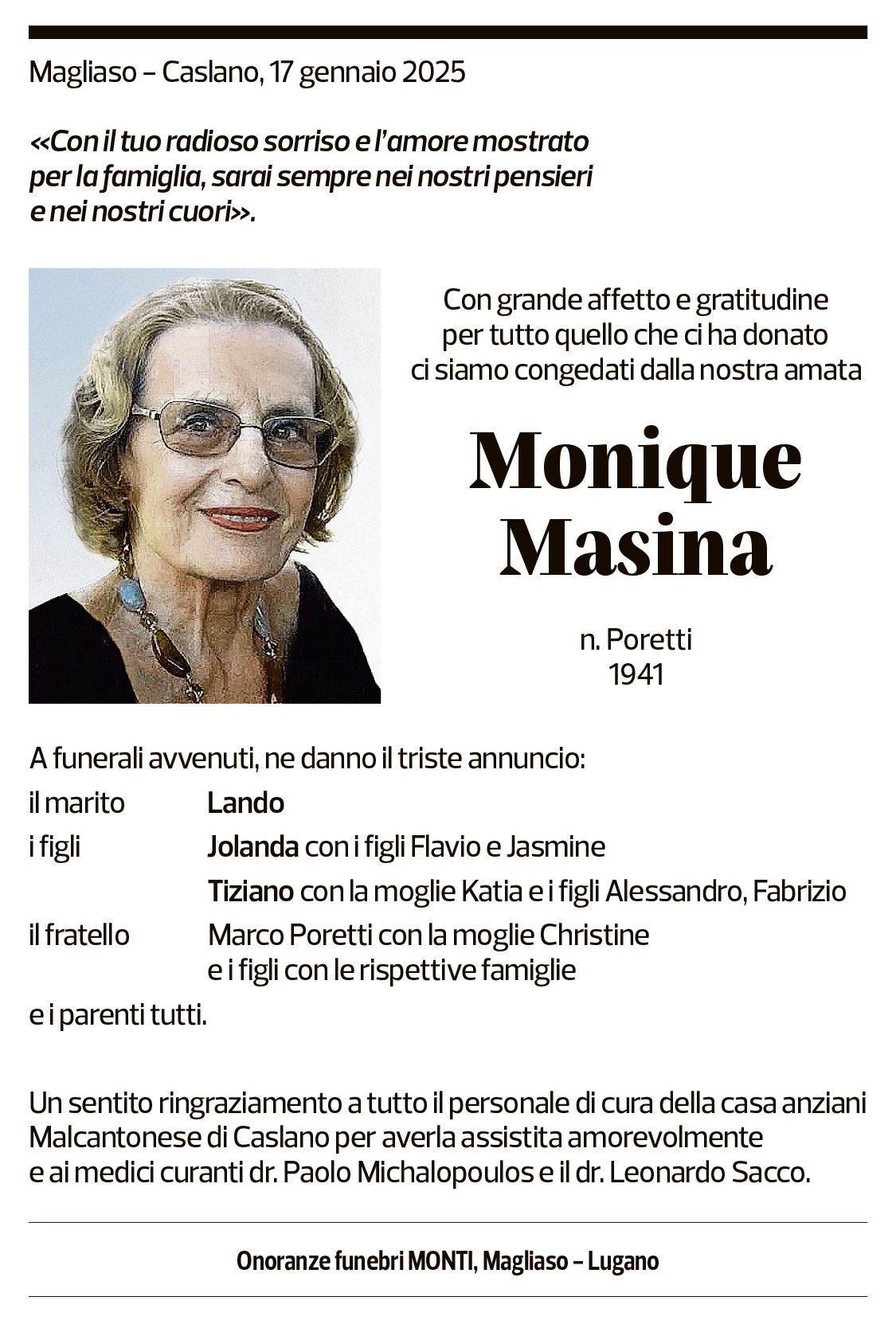 Annuncio funebre Monique Masina