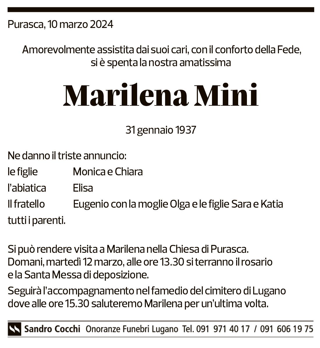 Annuncio funebre Marilena Mini