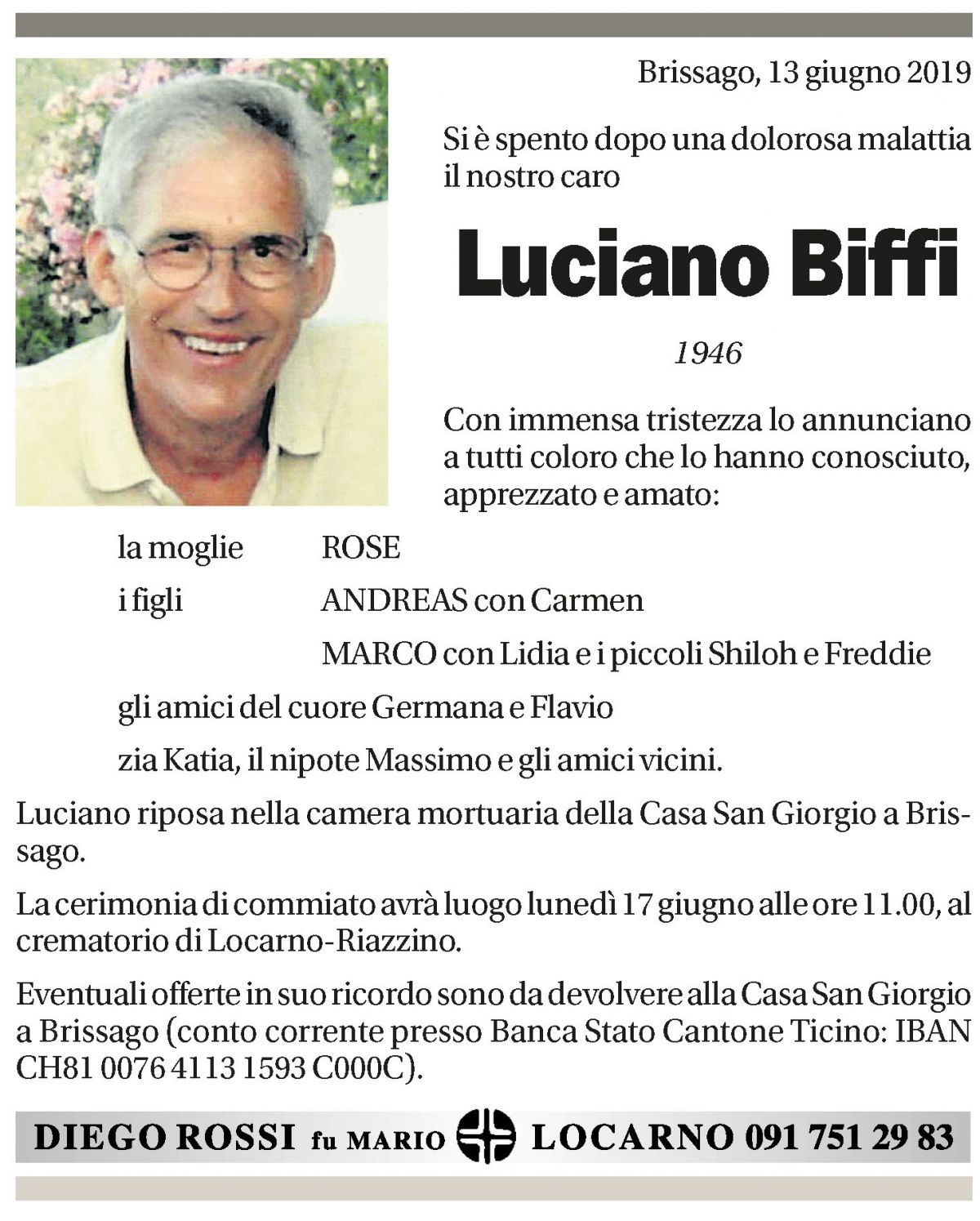 Annuncio funebre Luciano Biffi
