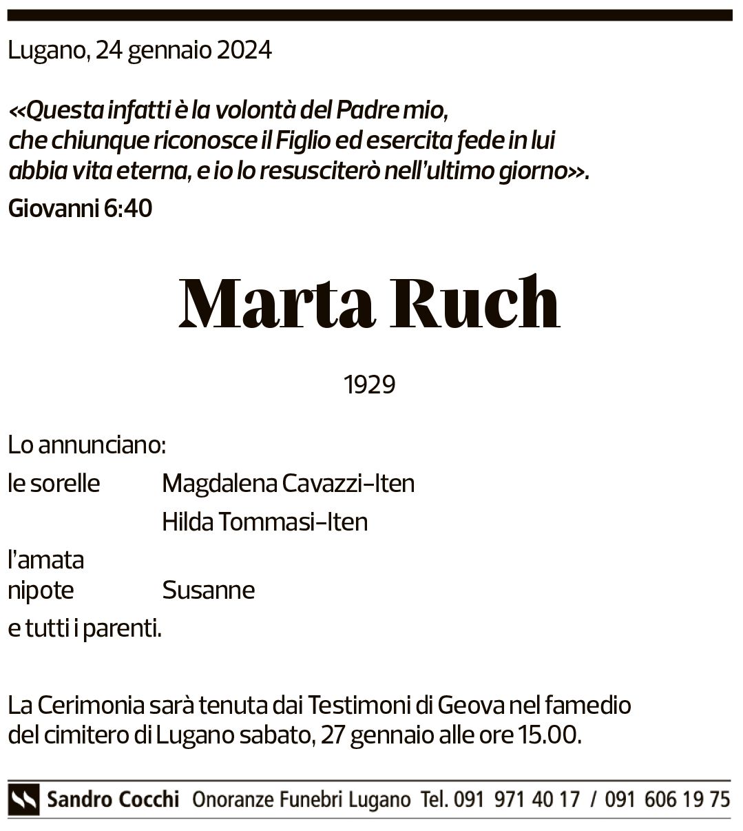 Annuncio funebre Marta Ruch