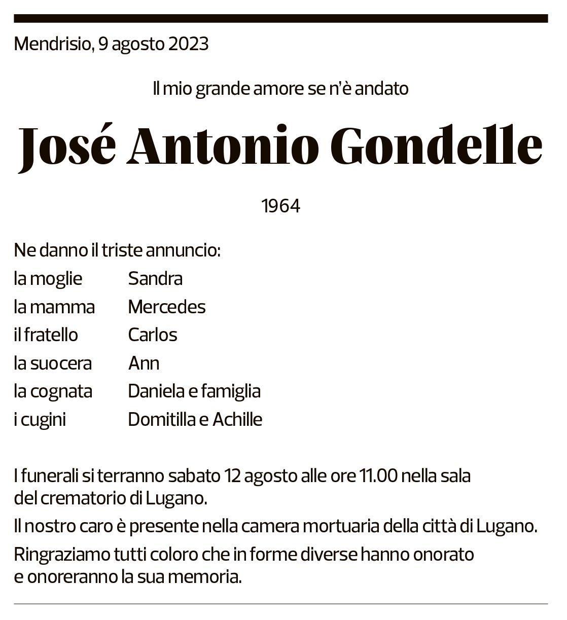 Annuncio funebre José Antonio Gondelle